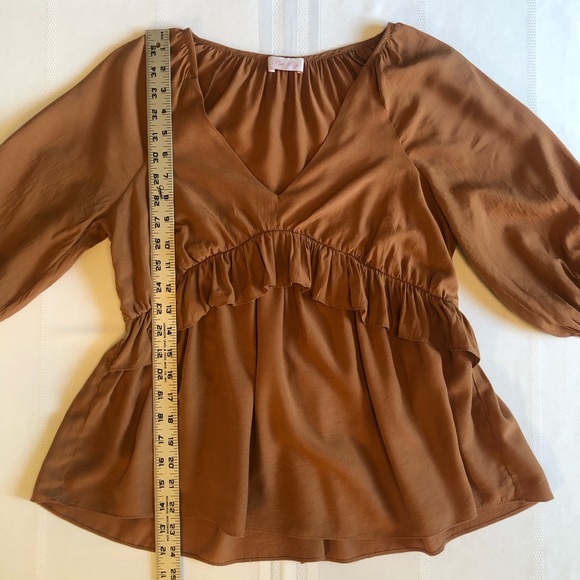 Pink Lily Brown Ruffled V-Neck 3/4 Sleeve Blouse Size XS - Picture 6 of 9